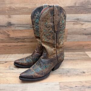 Dan Post Womens 7M brown Leather Cowboy Boots Studded Snip Toe Western Vintage